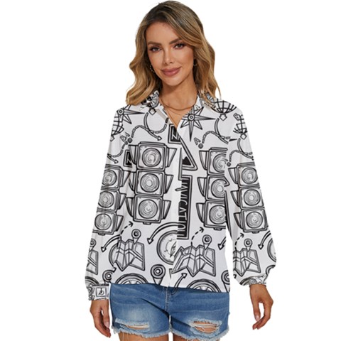 Navigation-seamless-pattern Women s Long Sleeve Button Up Shirt by Simbadda