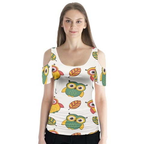 Background-with-owls-leaves-pattern Butterfly Sleeve Cutout Tee  by Simbadda