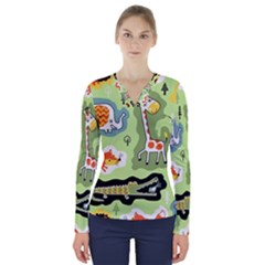 Seamless-pattern-with-wildlife-animals-cartoon V-neck Long Sleeve Top by Simbadda