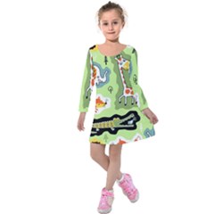 Seamless-pattern-with-wildlife-animals-cartoon Kids  Long Sleeve Velvet Dress by Simbadda