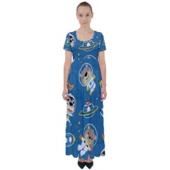 Seamless-pattern-funny-astronaut-outer-space-transportation High Waist Short Sleeve Maxi Dress by Simbadda