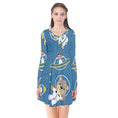 Seamless-pattern-funny-astronaut-outer-space-transportation Long Sleeve V-neck Flare Dress by Simbadda