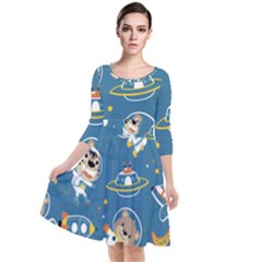 Seamless-pattern-funny-astronaut-outer-space-transportation Quarter Sleeve Waist Band Dress by Simbadda