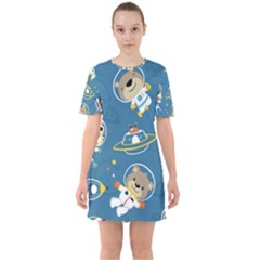 Seamless-pattern-funny-astronaut-outer-space-transportation Sixties Short Sleeve Mini Dress by Simbadda