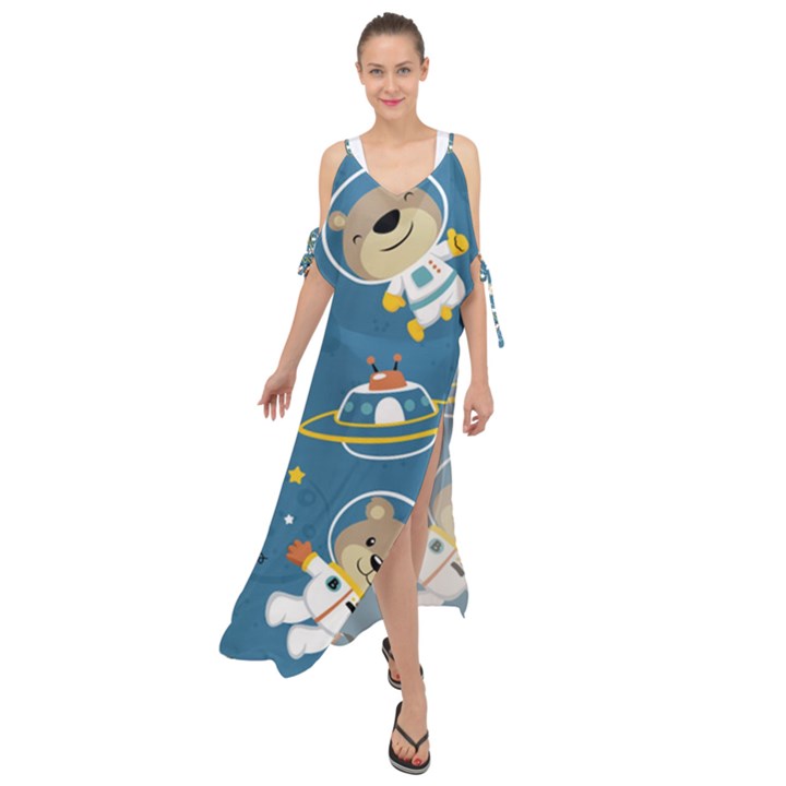 Seamless-pattern-funny-astronaut-outer-space-transportation Maxi Chiffon Cover Up Dress