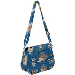 Seamless-pattern-funny-astronaut-outer-space-transportation Saddle Handbag by Simbadda