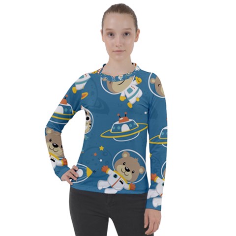 Seamless-pattern-funny-astronaut-outer-space-transportation Women s Pique Long Sleeve Tee by Simbadda