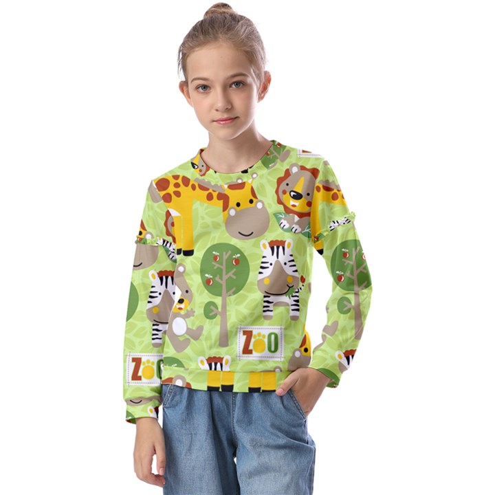 Funny Animals Cartoon Kids  Long Sleeve Tee with Frill 