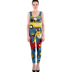 Seamless Pattern Vehicles Cartoon With Funny Drivers One Piece Catsuit by Simbadda