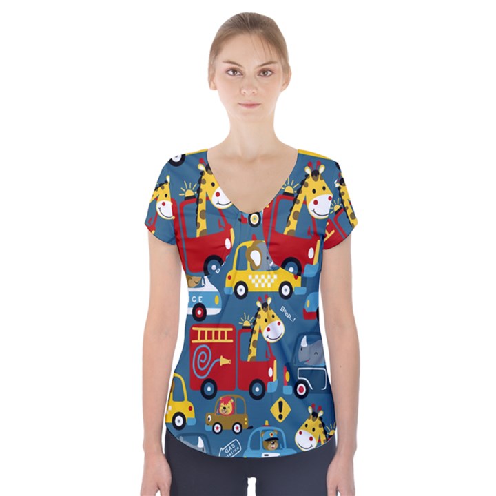 Seamless Pattern Vehicles Cartoon With Funny Drivers Short Sleeve Front Detail Top