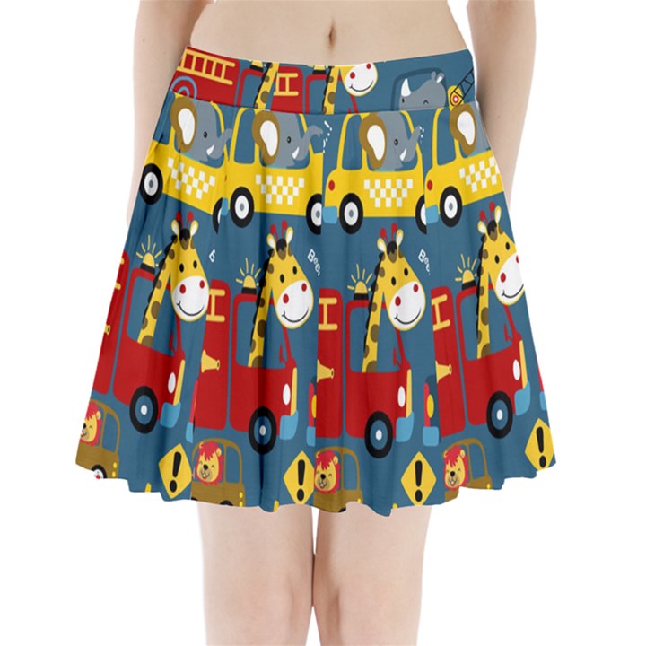 Seamless Pattern Vehicles Cartoon With Funny Drivers Pleated Mini Skirt