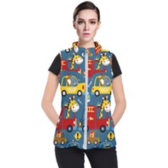 Seamless Pattern Vehicles Cartoon With Funny Drivers Women s Puffer Vest by Simbadda