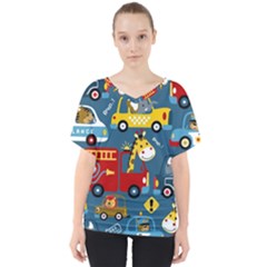 Seamless Pattern Vehicles Cartoon With Funny Drivers V-neck Dolman Drape Top by Simbadda