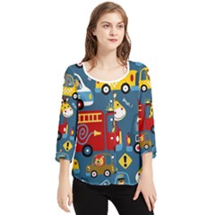 Seamless Pattern Vehicles Cartoon With Funny Drivers Chiffon Quarter Sleeve Blouse by Simbadda