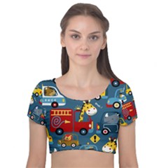 Seamless Pattern Vehicles Cartoon With Funny Drivers Velvet Short Sleeve Crop Top  by Simbadda