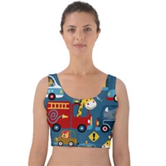 Seamless Pattern Vehicles Cartoon With Funny Drivers Velvet Crop Top by Simbadda