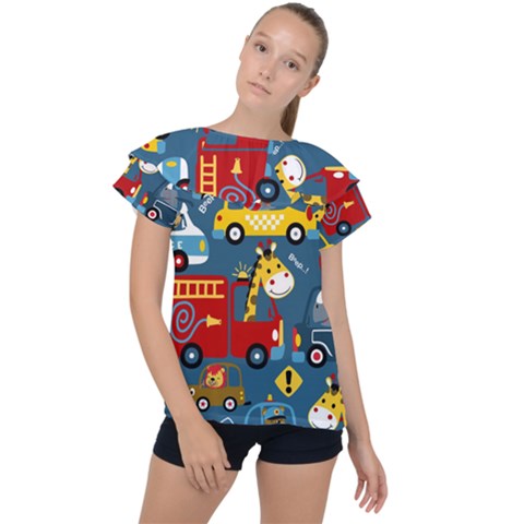 Seamless Pattern Vehicles Cartoon With Funny Drivers Ruffle Collar Chiffon Blouse by Simbadda