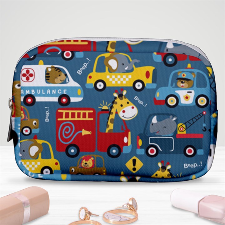 Seamless Pattern Vehicles Cartoon With Funny Drivers Make Up Pouch (Small)