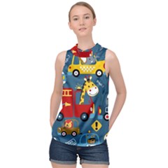 Seamless Pattern Vehicles Cartoon With Funny Drivers High Neck Satin Top by Simbadda