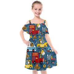 Seamless Pattern Vehicles Cartoon With Funny Drivers Kids  Cut Out Shoulders Chiffon Dress by Simbadda