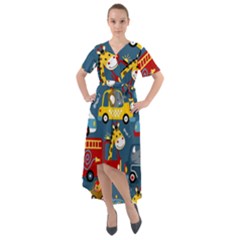 Seamless Pattern Vehicles Cartoon With Funny Drivers Front Wrap High Low Dress by Simbadda