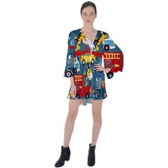 Seamless Pattern Vehicles Cartoon With Funny Drivers V-neck Flare Sleeve Mini Dress by Simbadda