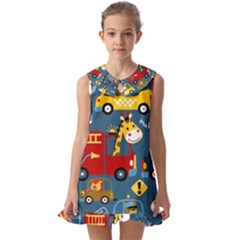 Seamless Pattern Vehicles Cartoon With Funny Drivers Kids  Pilgrim Collar Ruffle Hem Dress by Simbadda