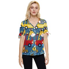 Seamless Pattern Vehicles Cartoon With Funny Drivers Bow Sleeve Button Up Top by Simbadda