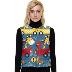 Seamless Pattern Vehicles Cartoon With Funny Drivers Women s Button Up Puffer Vest by Simbadda