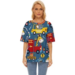 Seamless Pattern Vehicles Cartoon With Funny Drivers Oversized Basic Tee by Simbadda