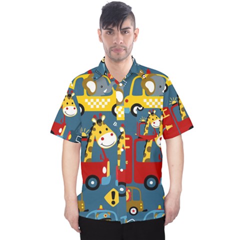 Seamless Pattern Vehicles Cartoon With Funny Drivers Men s Hawaii Shirt by Simbadda