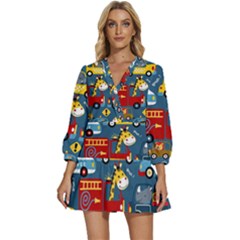 Seamless Pattern Vehicles Cartoon With Funny Drivers V-neck Placket Mini Dress by Simbadda