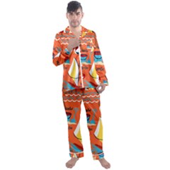 Seamless Pattern Vector Beach Holiday Theme Set Men s Long Sleeve Satin Pajamas Set by Simbadda