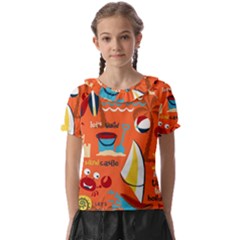 Seamless Pattern Vector Beach Holiday Theme Set Kids  Frill Chiffon Blouse by Simbadda