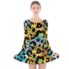 Seamless Leopard Wild Pattern Animal Print Long Sleeve Velvet Skater Dress by Simbadda