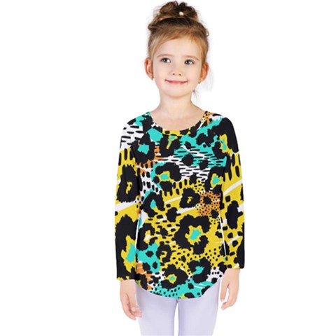 Seamless Leopard Wild Pattern Animal Print Kids  Long Sleeve Tee by Simbadda