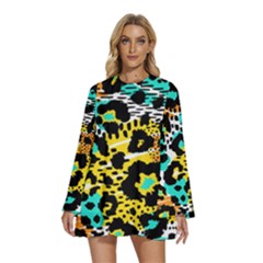 Seamless Leopard Wild Pattern Animal Print Round Neck Long Sleeve Bohemian Style Chiffon Mini Dress by Simbadda