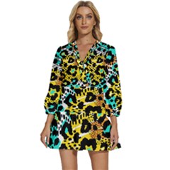 Seamless Leopard Wild Pattern Animal Print V-neck Placket Mini Dress by Simbadda