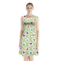 Birds Pattern Background Sleeveless Waist Tie Chiffon Dress by Simbadda