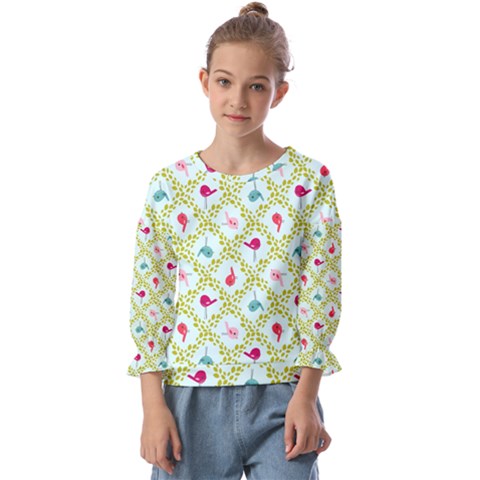 Birds Pattern Background Kids  Cuff Sleeve Top by Simbadda