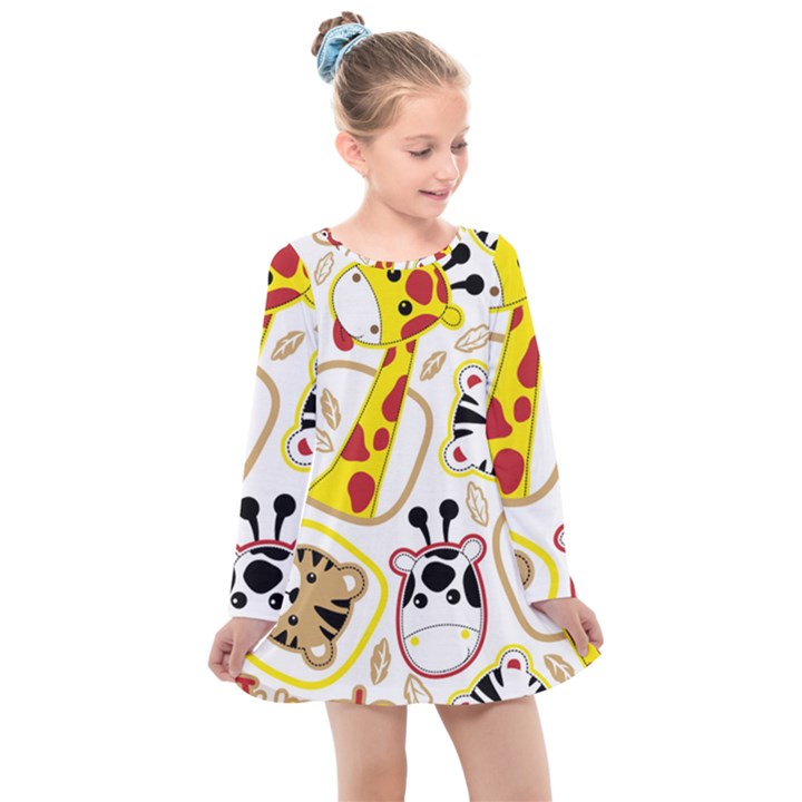 Vector Seamless Pattern Nice Animals Cartoon Kids  Long Sleeve Dress