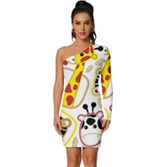 Vector Seamless Pattern Nice Animals Cartoon Long Sleeve One Shoulder Mini Dress by Simbadda