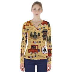 Seamless Pattern Funny Ranger Cartoon V-neck Long Sleeve Top by Simbadda