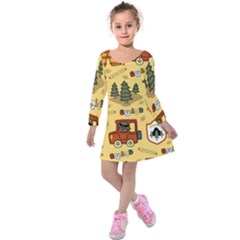 Seamless Pattern Funny Ranger Cartoon Kids  Long Sleeve Velvet Dress by Simbadda