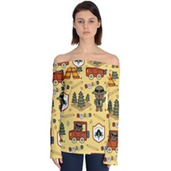 Seamless Pattern Funny Ranger Cartoon Off Shoulder Long Sleeve Top by Simbadda