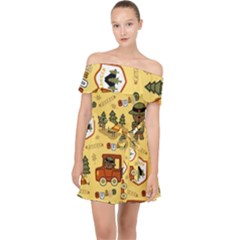 Seamless Pattern Funny Ranger Cartoon Off Shoulder Chiffon Dress by Simbadda