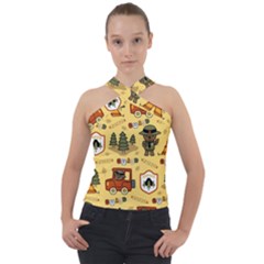 Seamless Pattern Funny Ranger Cartoon Cross Neck Velour Top by Simbadda