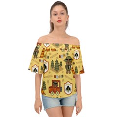 Seamless Pattern Funny Ranger Cartoon Off Shoulder Short Sleeve Top by Simbadda