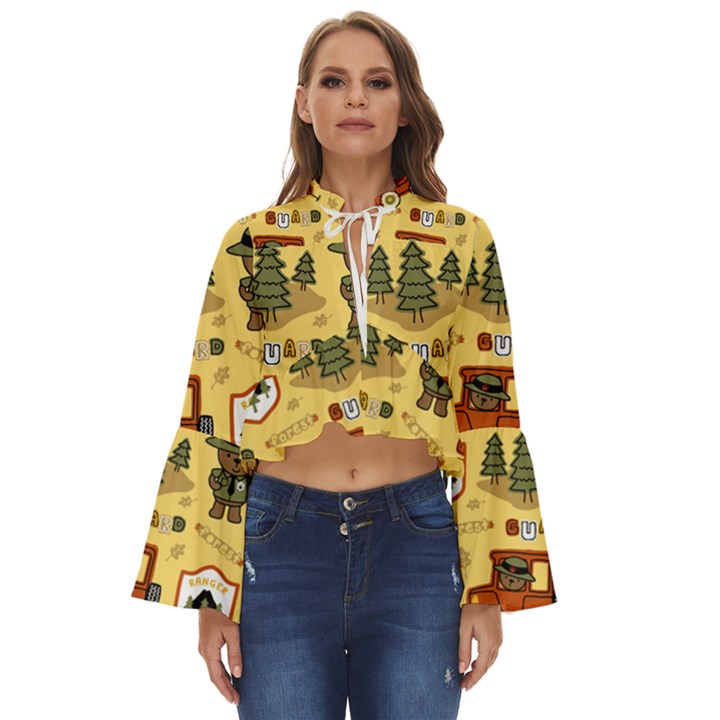 Seamless Pattern Funny Ranger Cartoon Boho Long Bell Sleeve Top