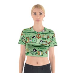 Seamless Pattern Fishes Pirates Cartoon Cotton Crop Top by Simbadda